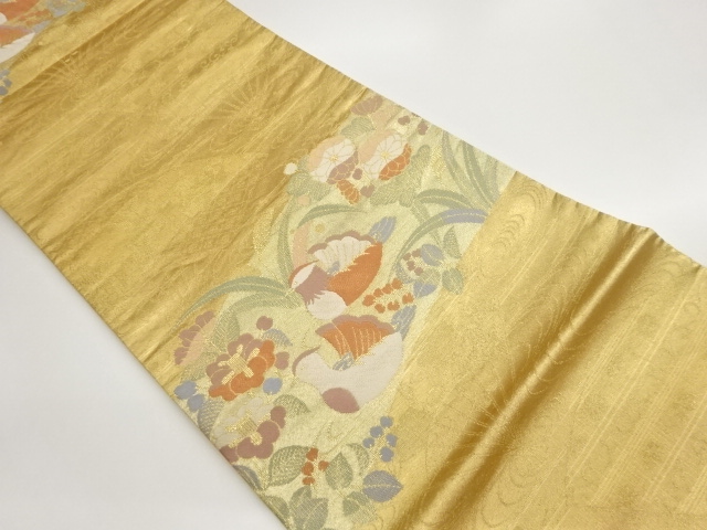 鴛鴦に流水・扇・草花模様織出し袋帯